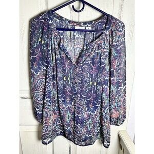 Liz Claiborne patterned sheer blouse Sz M Abstract Pattern
